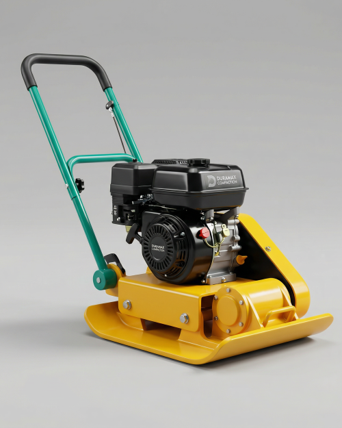 400mm petrol plate compactor with yellow base plate and green handle on a clean studio background