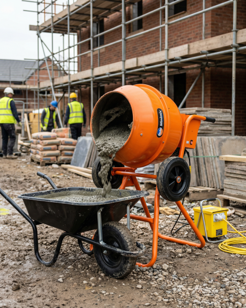 Belle Minimix 150 electric cement mixer pouring concrete into a wheelbarrow on a UK construction site