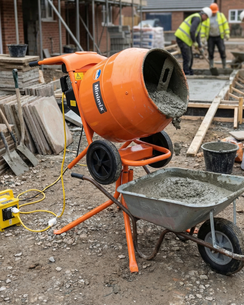 Compact Belle Minimix 150 electric cement mixer 90L with 110V transformer on studio background