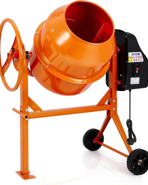 Side view of an orange stand-mounted electric cement mixer with 140L drum and black motor housing