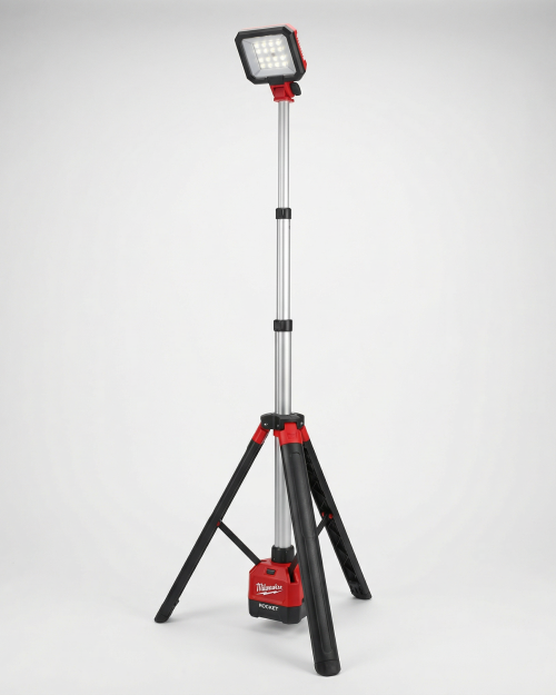 Milwaukee M12 cordless ROCKET stand light fully extended on tripod for site lighting