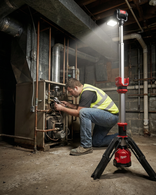 Technician using Milwaukee M12 cordless tripod stand light while servicing boiler in dark basement