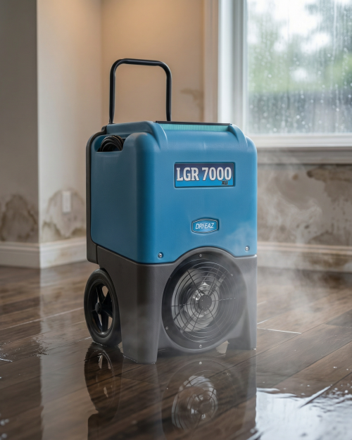 Dri-Eaz LGR 7000XLi industrial dehumidifier drying a large warehouse concrete floor