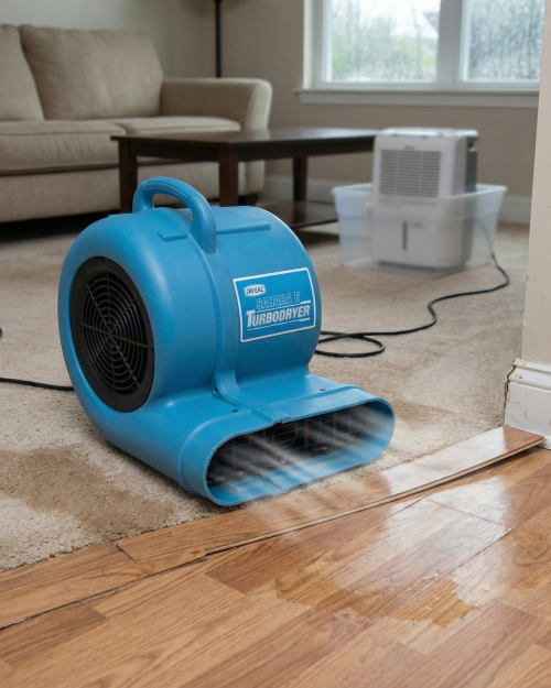 Dri-Eaz Sahara carpet dryer air mover drying a living room floor after a domestic flood