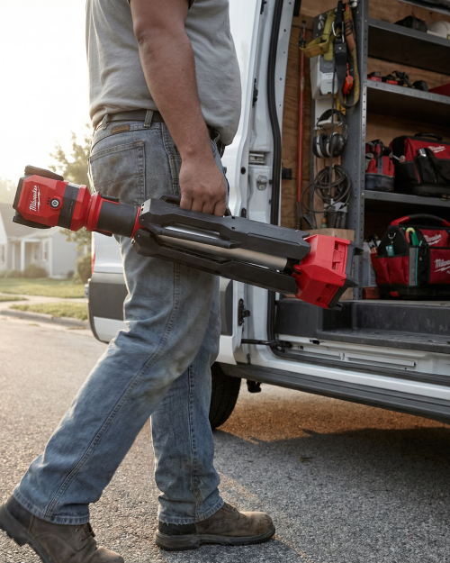 Milwaukee M12 cordless stand light illuminating night-time repair on construction vehicle
