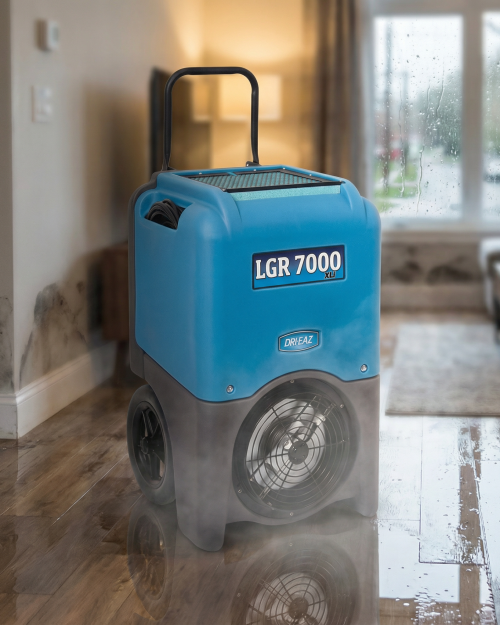 Dri-Eaz LGR 7000XLi dehumidifier drying a flooded domestic room floor after a leak
