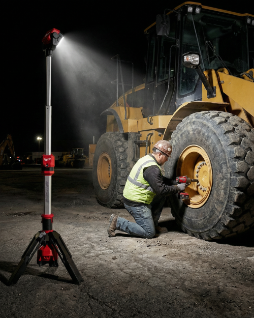 Milwaukee M12 cordless stand light illuminating night-time repair on construction vehicle
