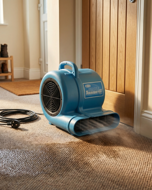 Dri-Eaz Sahara carpet dryer blowing air along a hallway floor to dry carpets after a leak