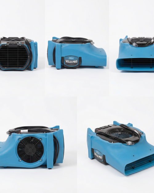 Dri-Eaz VELO air movers drying wet carpet in a hallway and stairs