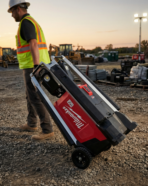 Construction worker wheeling a folded Milwaukee MX FUEL lighting tower across a rough jobsite