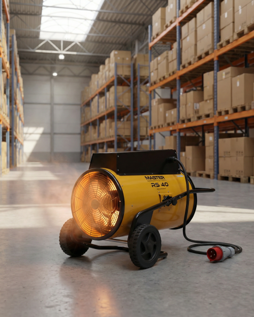 40kW Master RS40 industrial electric fan heater on wheels in studio view