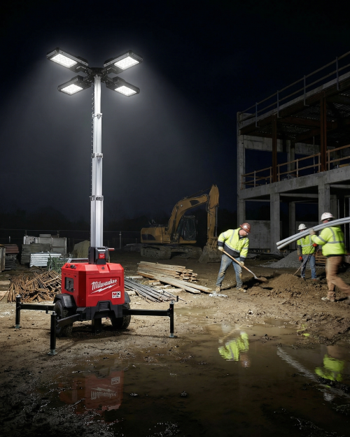 Milwaukee MX FUEL 3.1m lighting tower lighting up a night-time outdoor construction site.